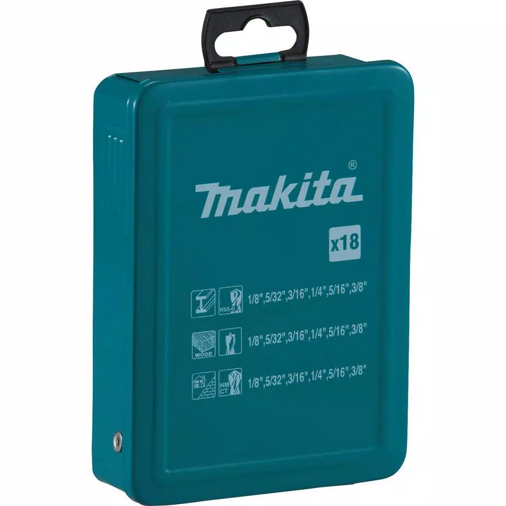 Makita 18-Piece Assorted Drill Bit Set for Metal, Wood, and Masonry with Metal Carry Case