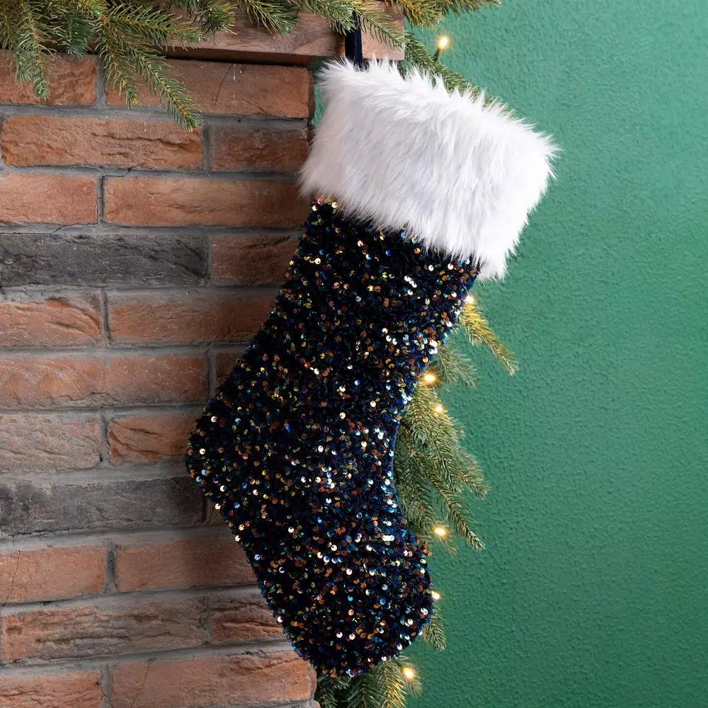 Glitzhome 21 in. Navy Blue Sequin Christmas Stocking with White Faux Fur Cuff