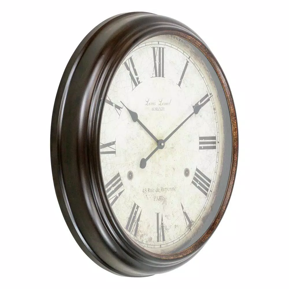 Aspire Home Accents Emmaline Distressed Brown Round Wall Clock - Oversized Romanesque Iron Frame