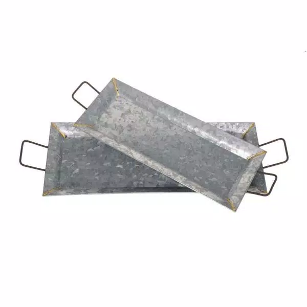 Benzara Silver Galvanized Metal Decorative Trays, Set of 2, Rectangular with Fluted Edges