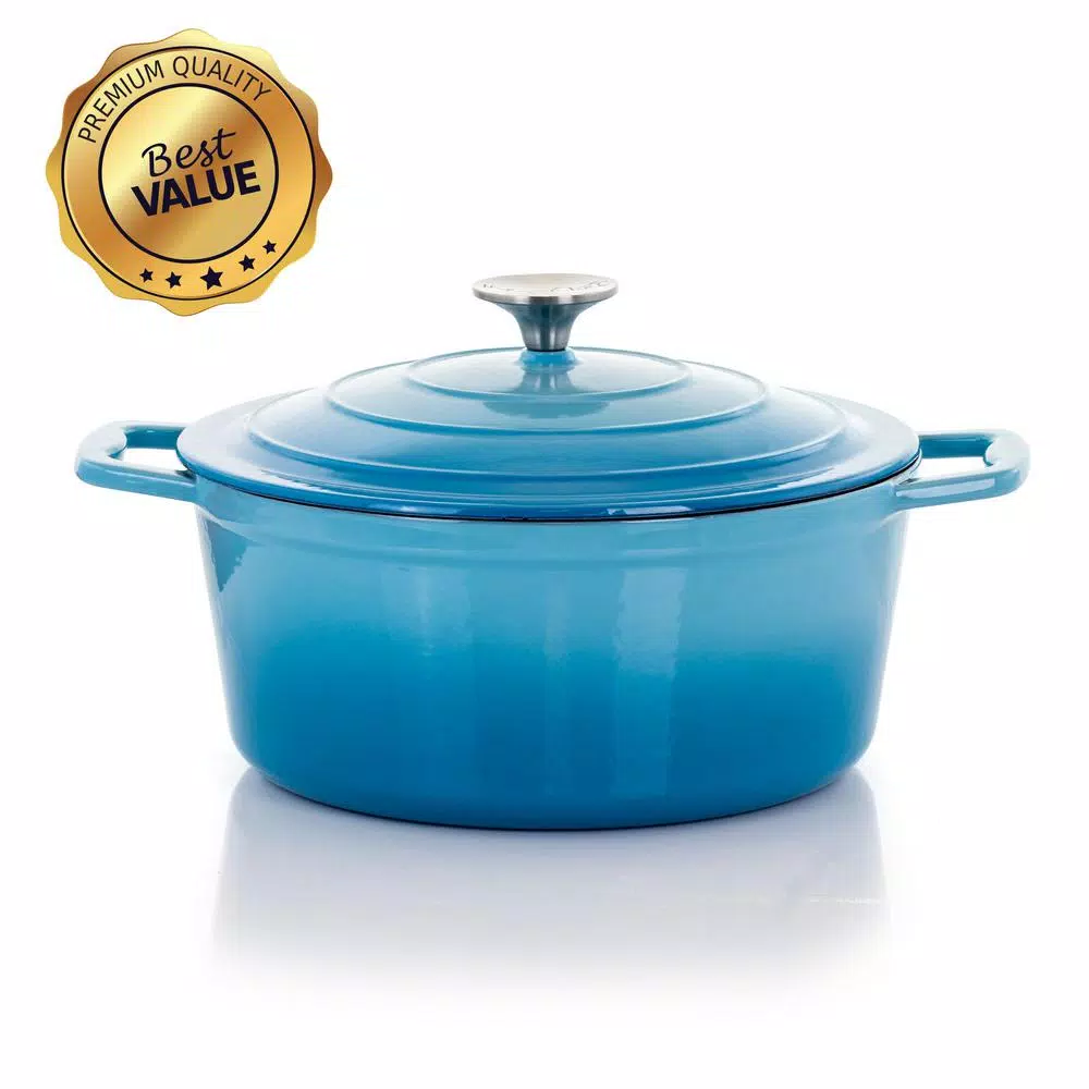 MegaChef 4 Qt. Round Enameled Cast Iron Casserole Dish with Lid, Blue