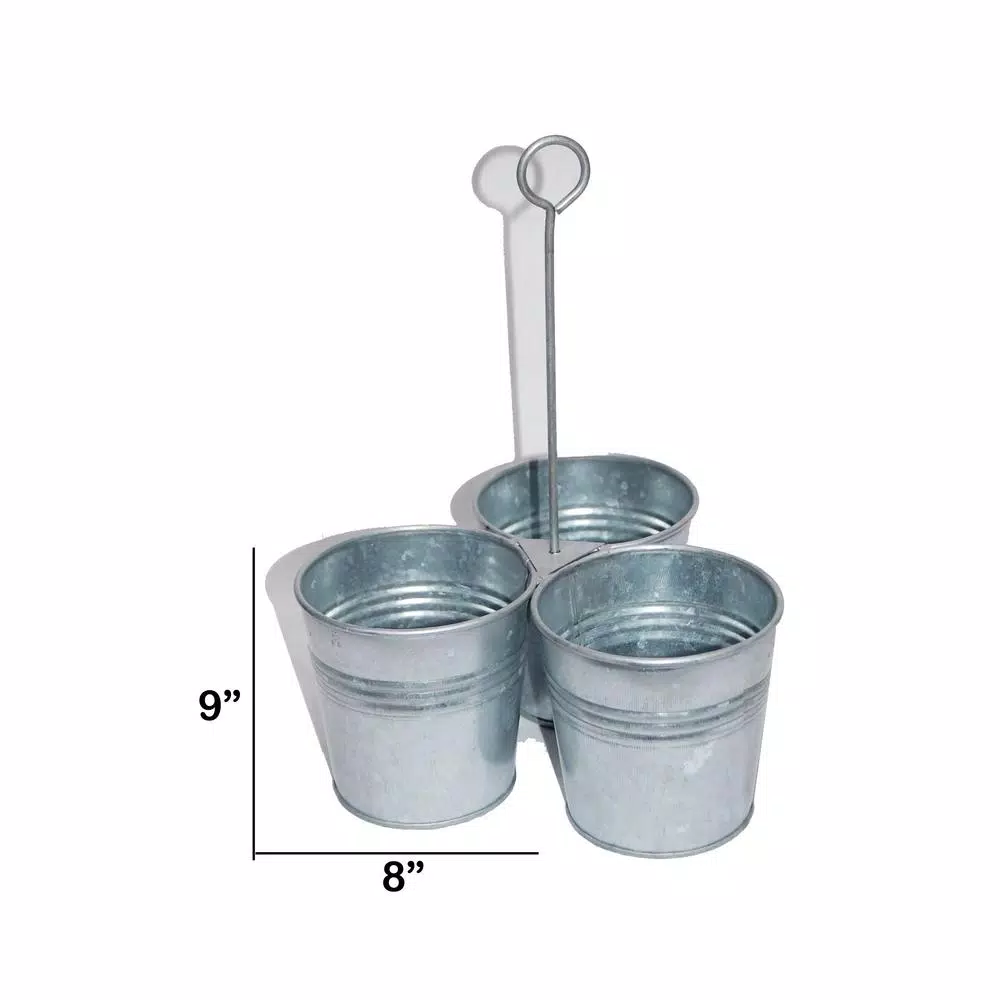 Benzara Galvanized Steel Gray Cutlery Holder with 3 Buckets and Ring Handle