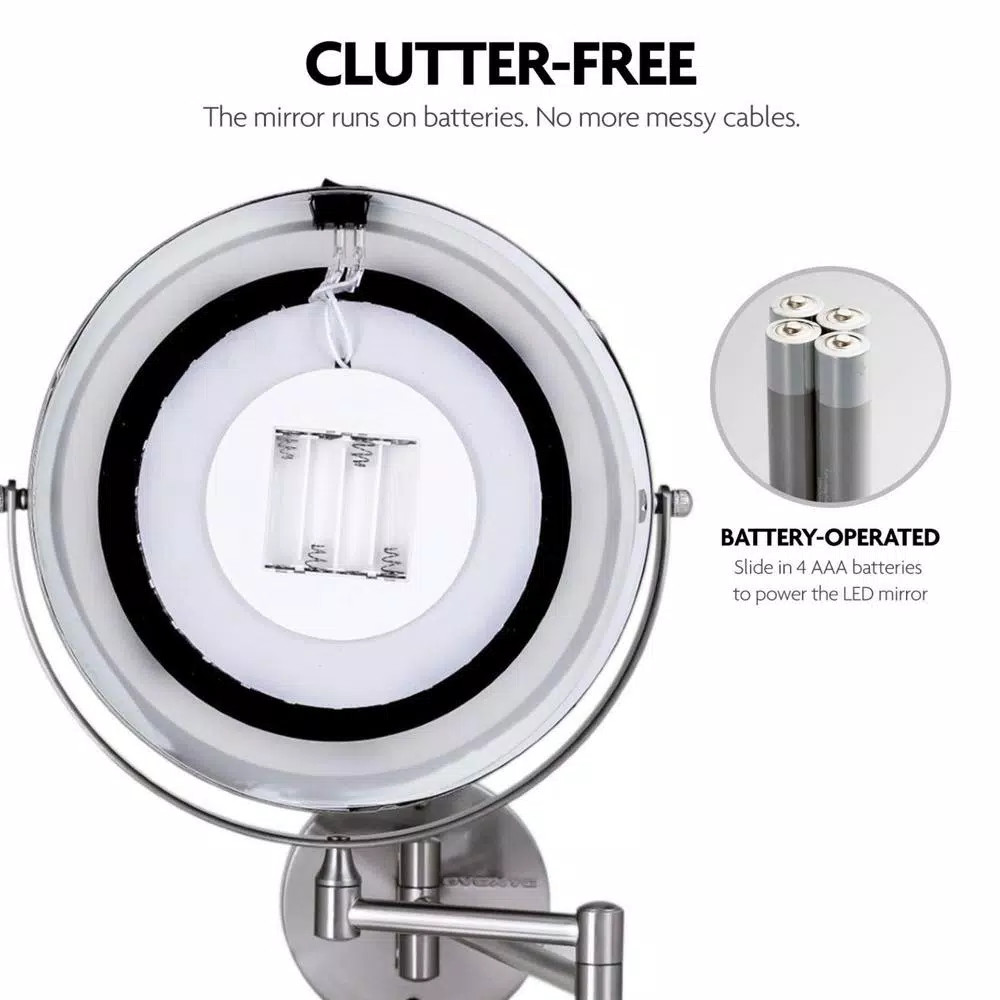 Ovente 13.2 in. Wall Mount LED Vanity Mirror, 1x/7x Magnification, Brushed Nickel