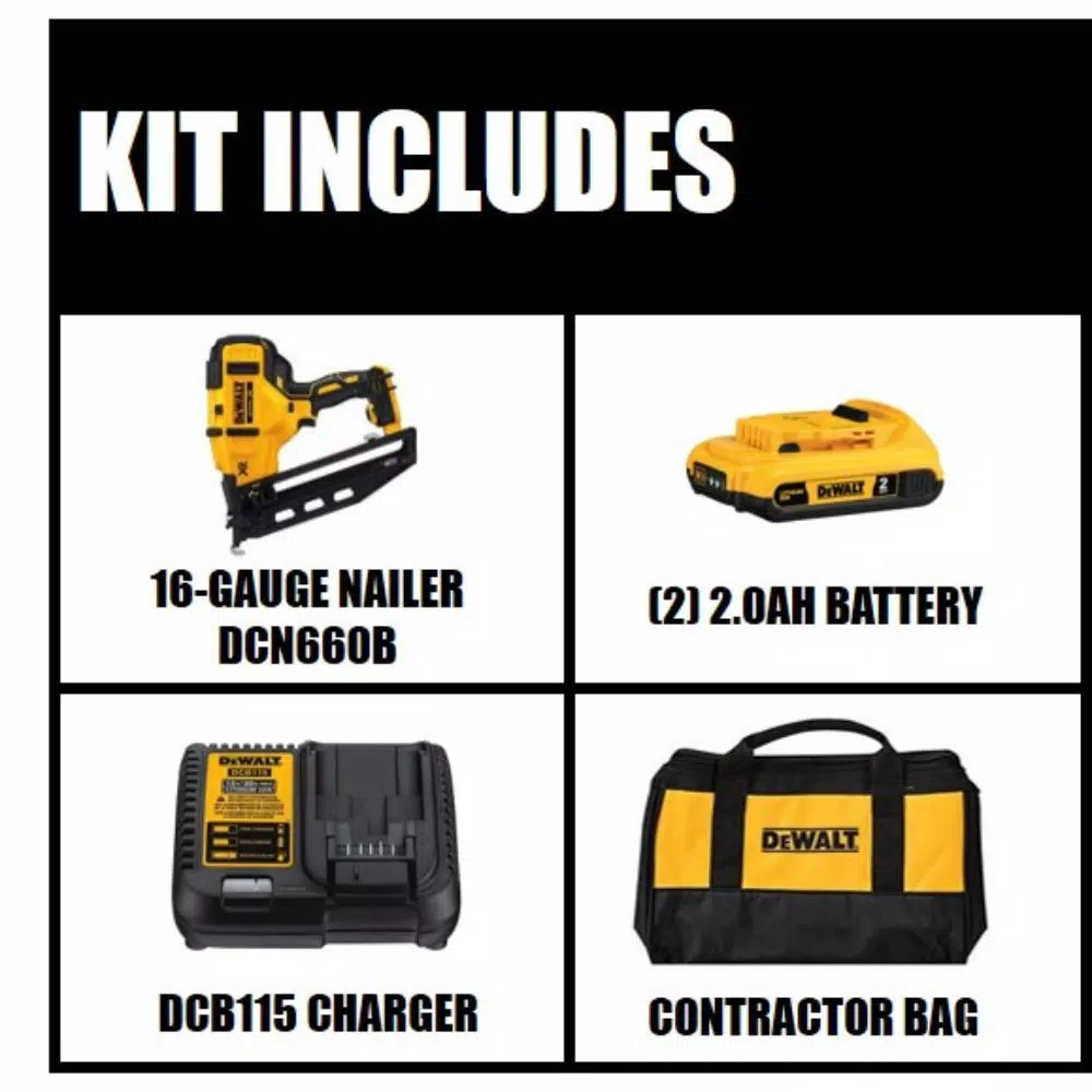 DEWALT 20V MAX 16-Gauge Cordless Angled Finish Nailer Kit with (2) 2.0 Ah Batteries and Charger