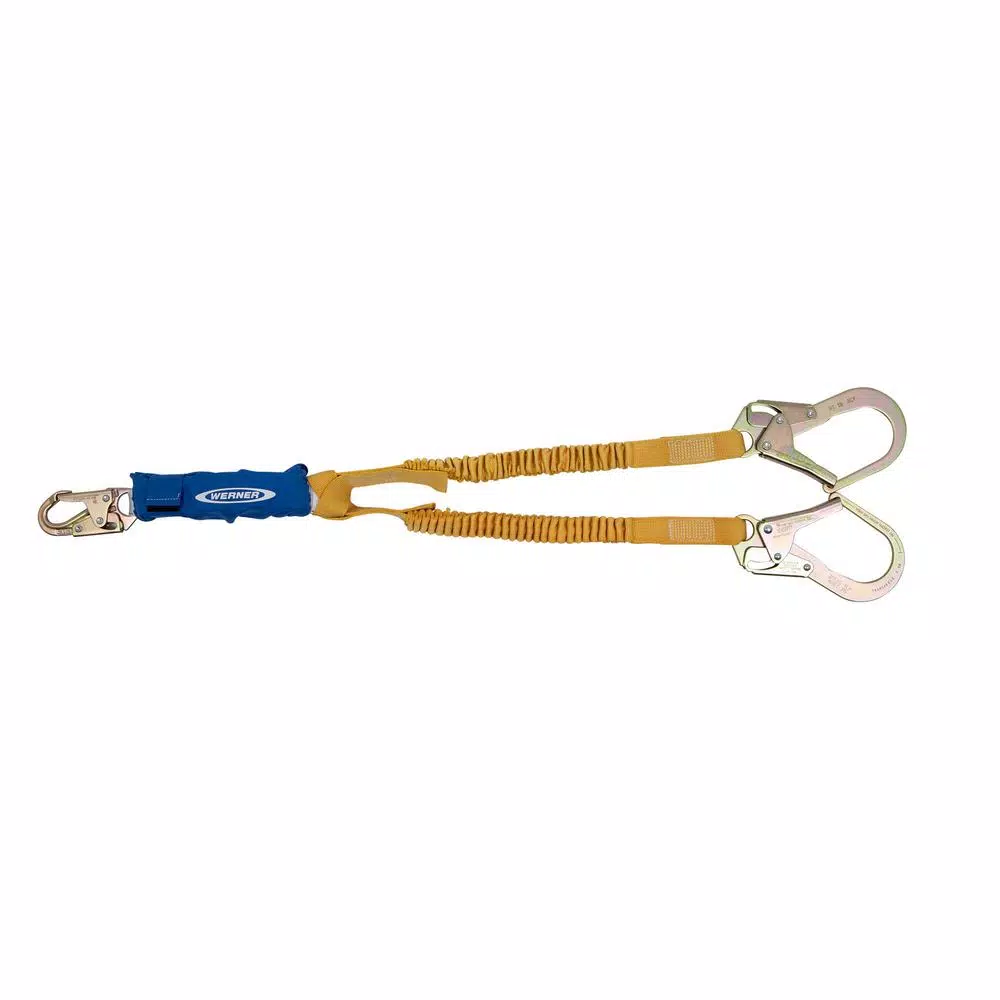 Werner DeCoil Stretch Twin Leg Lanyard with DCELL Shock Pack and Rebar Hooks, 6 ft.