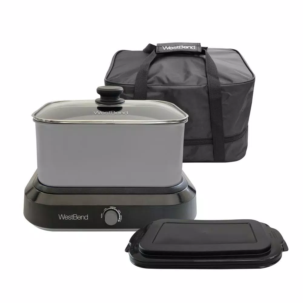 West Bend 6 Qt. Silver Non-Stick Versatility Slow Cooker with Griddle Base, Travel Lid, and Thermal Tote