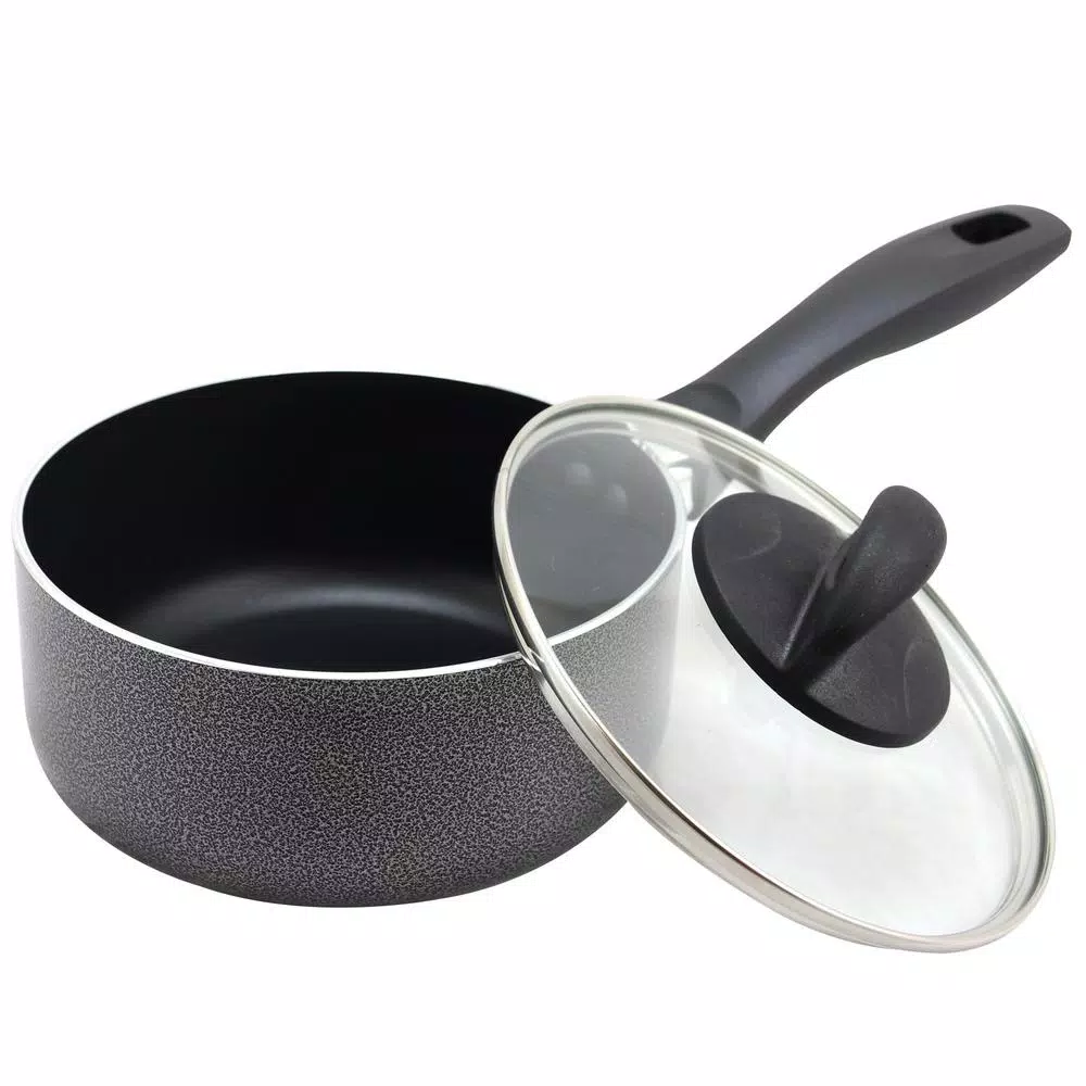 Oster Clairborne 1.5 Quart Aluminum Nonstick Sauce Pan with Glass Lid, Charcoal Grey
