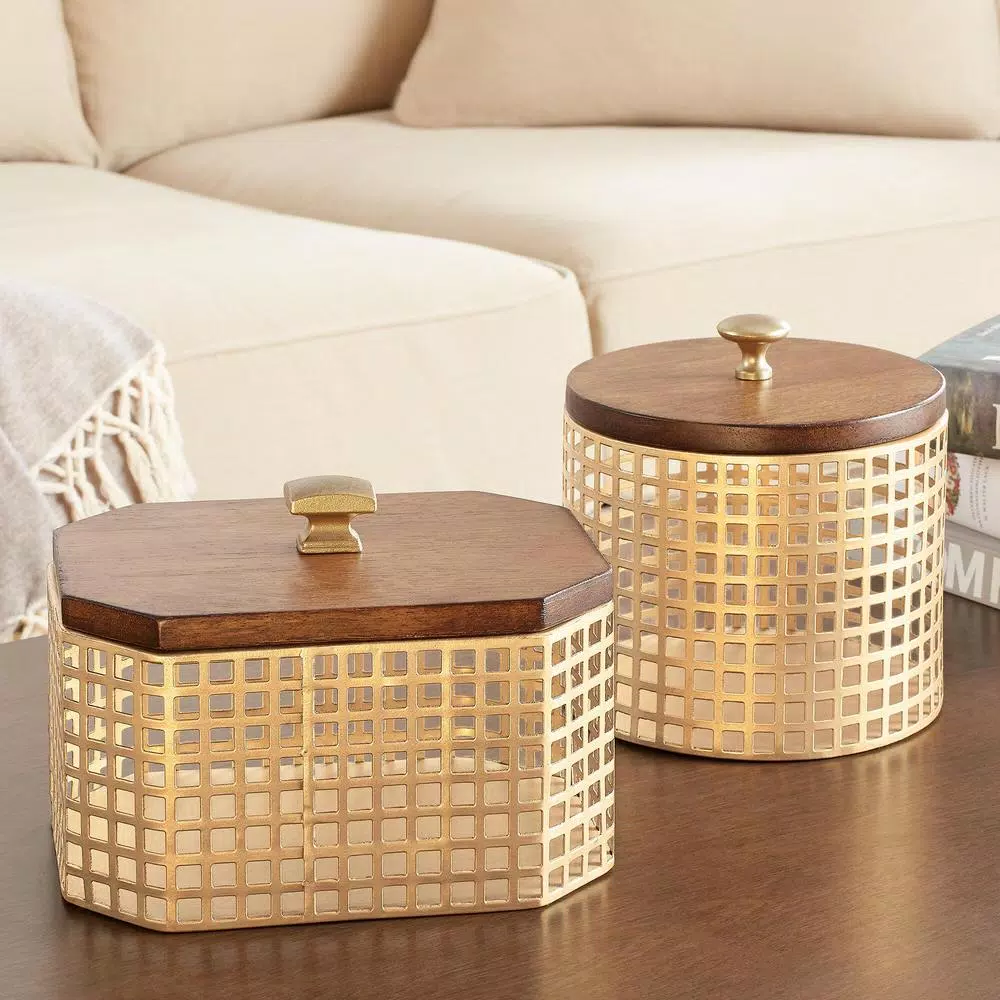 Home Decorators Collection Gold Metal Decorative Basket Set with Wood Lids, Set of 2