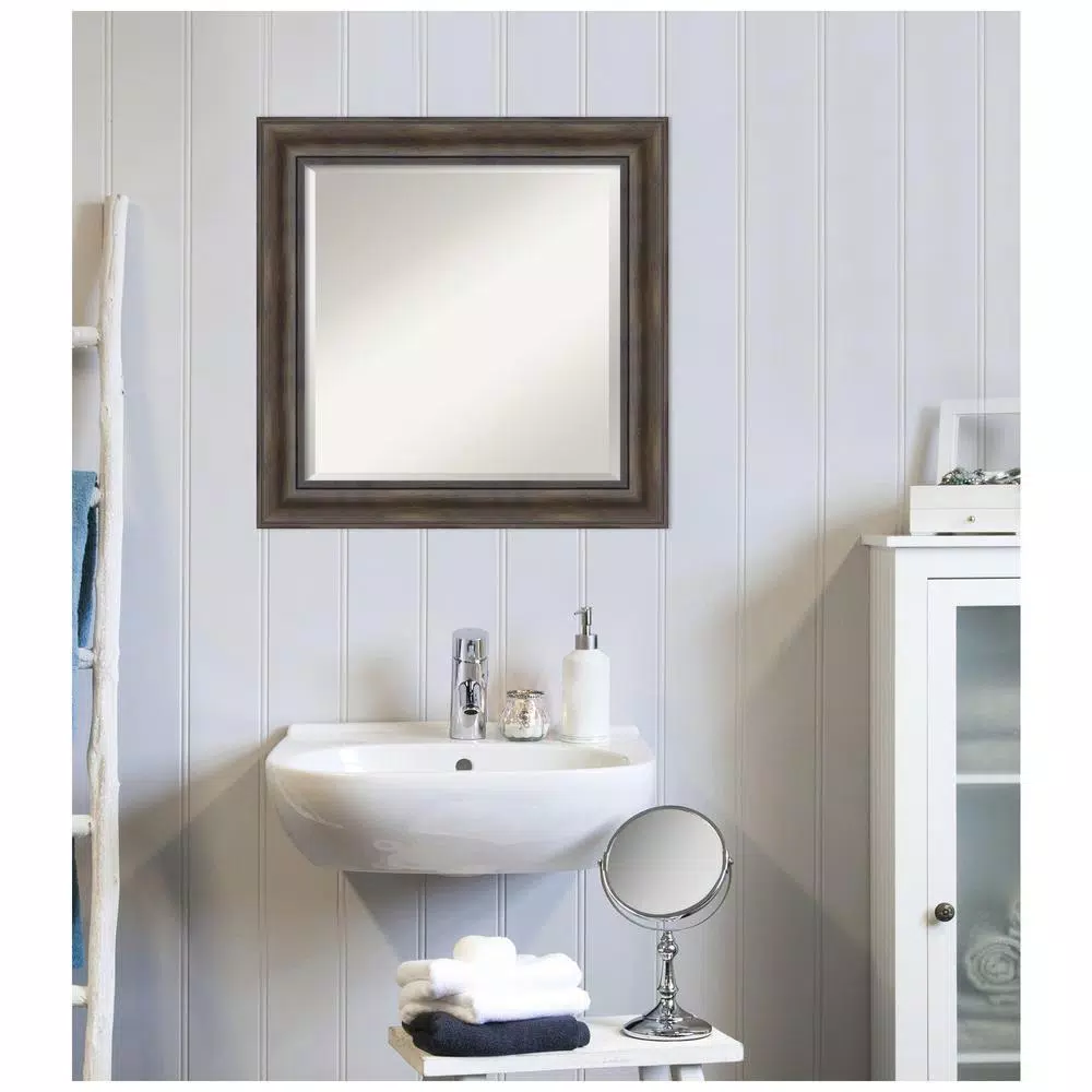 Amanti Art 25 in. Square Rustic Dark Brown Distressed Wood Framed Beveled Edge Bathroom Vanity Mirror