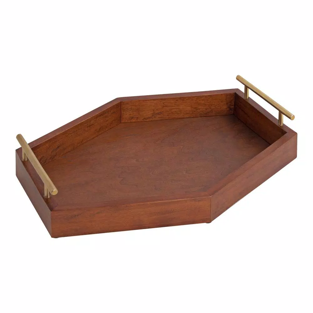 Kate and Laurel Lipton Walnut Brown Wood Hexagon Decorative Tray with Gold Handles