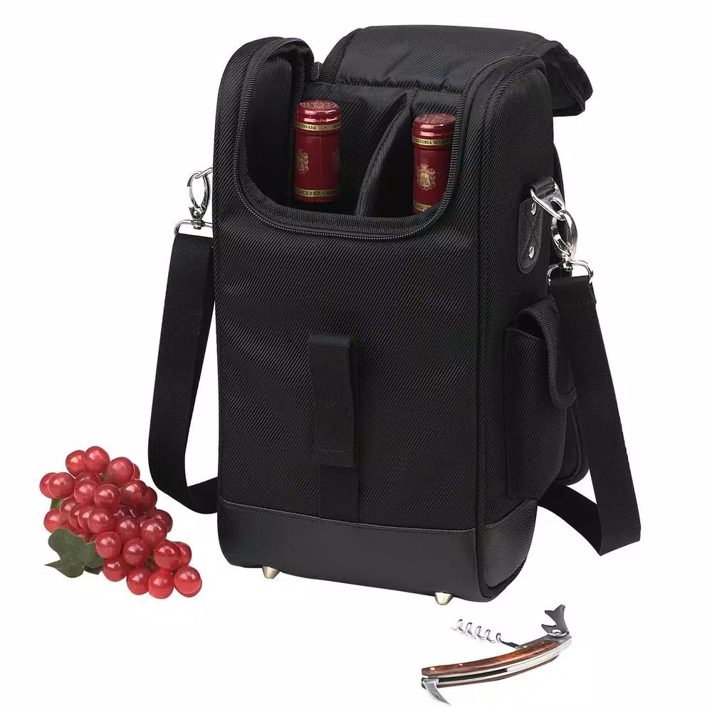 Unbranded NY Black Insulated 2-Bottle Wine Tote Bag with Corkscrew