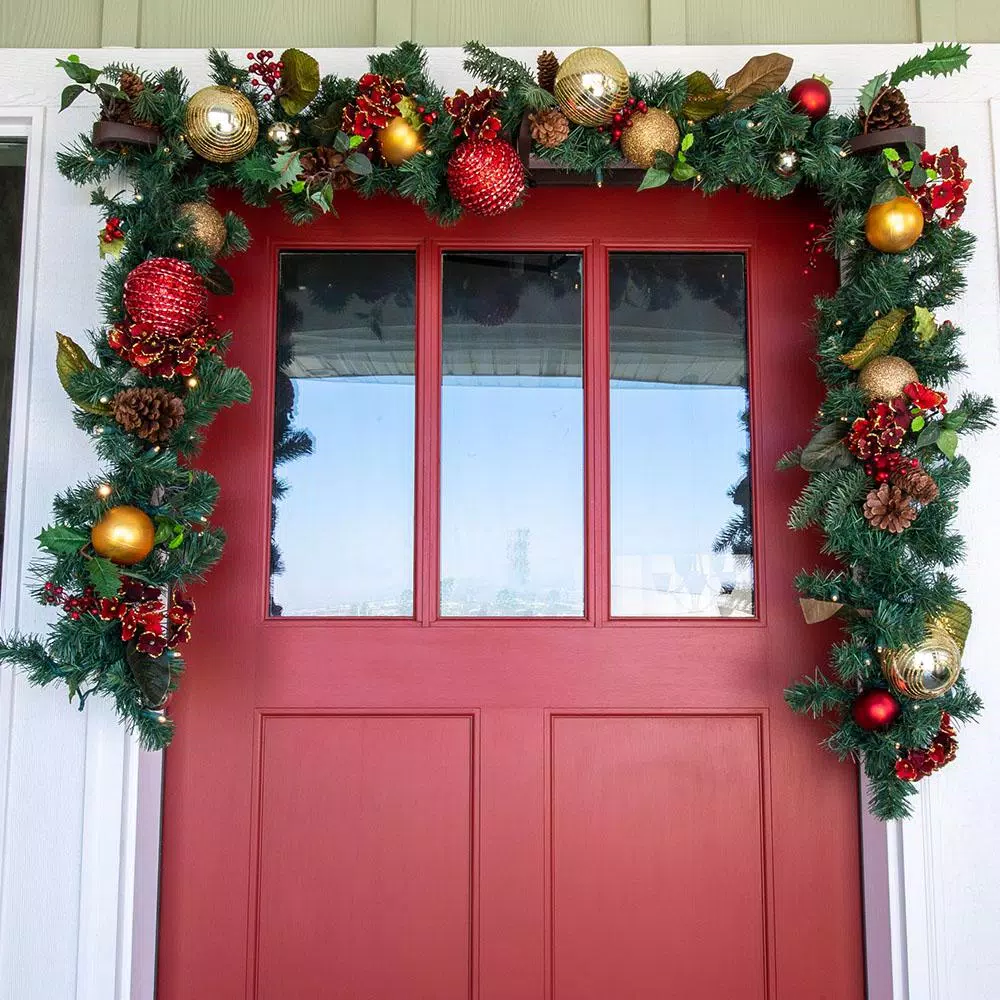 Village Lighting Company 9 ft. Pre-Lit LED Scarlet Hydrangea Artificial Garland with Warm White Lights