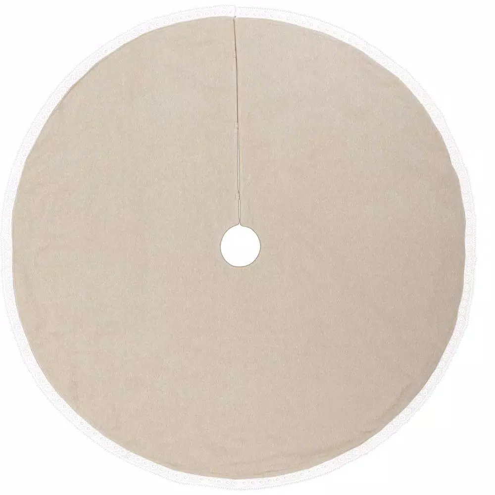VHC Brands 48 in. Grey Margot Farmhouse Christmas Tree Skirt with Diamond Lace and Chambray