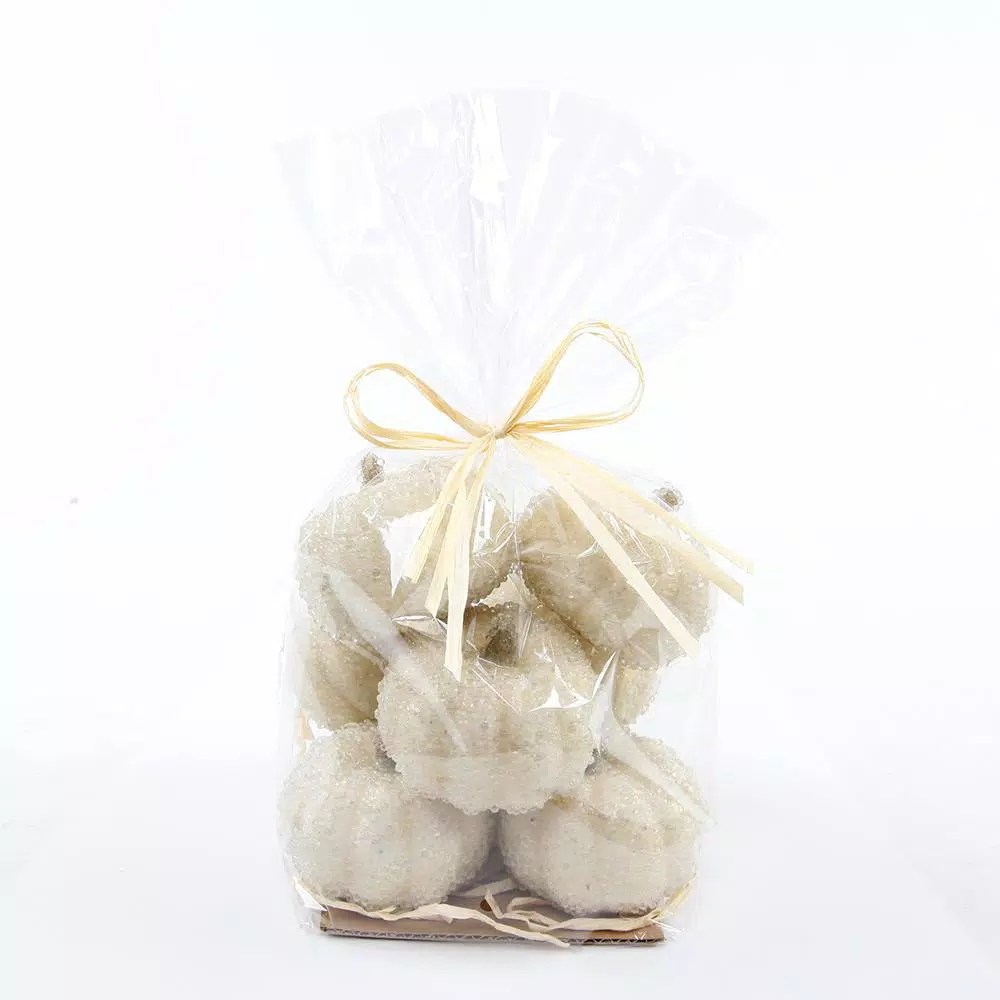 Flora Bunda 8-Piece Cream White Beaded Mini Pumpkin Set - Fall Harvest Indoor Tabletop Decor