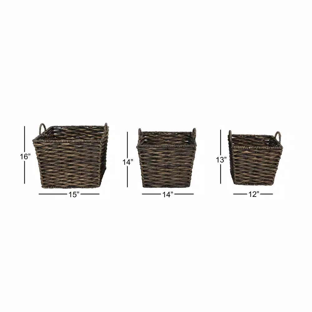 LITTON LANE Large Square Water Hyacinth Wicker Storage Baskets, Dark Brown (Set of 3)