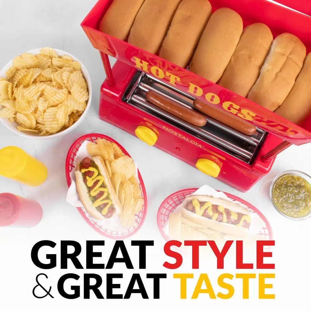 Nostalgia Red 8-Hot Dog Roller and 6-Bun Warmer Countertop Specialty Grill