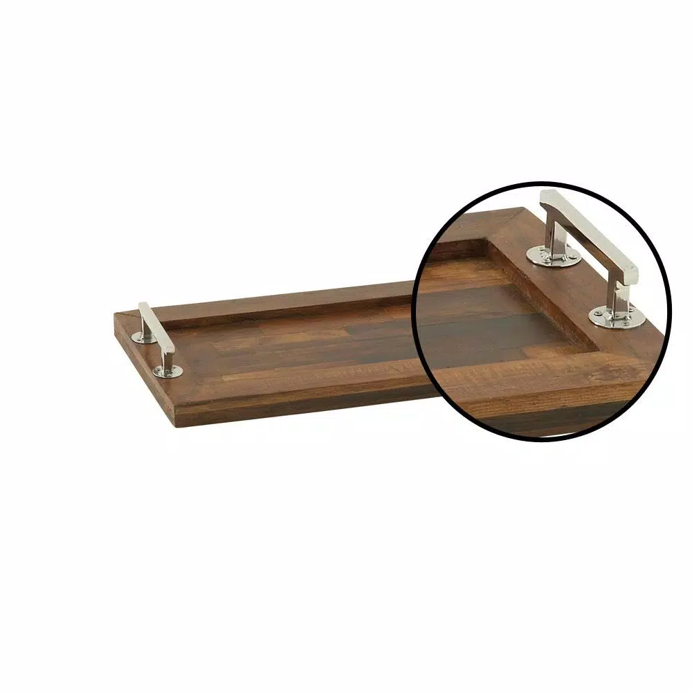 LITTON LANE 22-Inch Mango Wood Rectangular Tray with Stainless Steel Handles - Cherrywood Finish