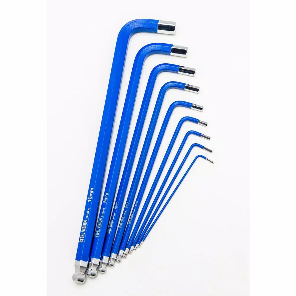 Steel Vision 9-Piece Metric Extra Long Ball Point Hex Key Wrench Set, Blue