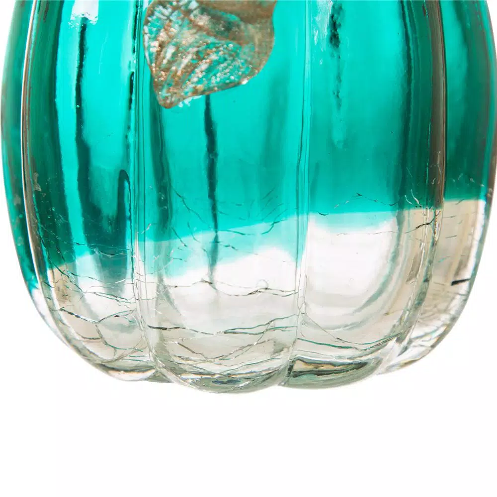 Glitzhome 5.51 in. Turquoise Crackle Glass Pumpkin - Handmade Indoor Tabletop Decor