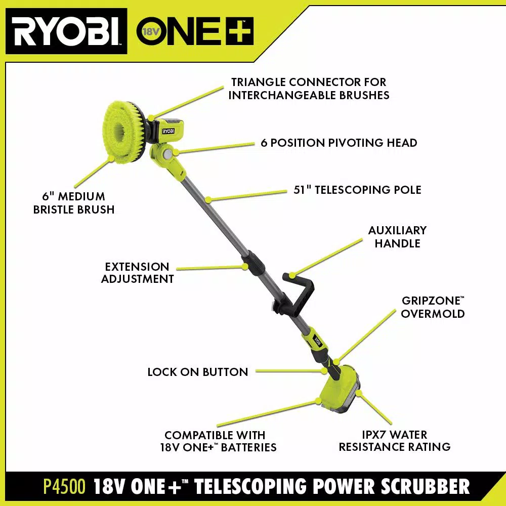 RYOBI 18V ONE+ Telescoping Power Scrubber Kit with 2.0 Ah Battery and Charger