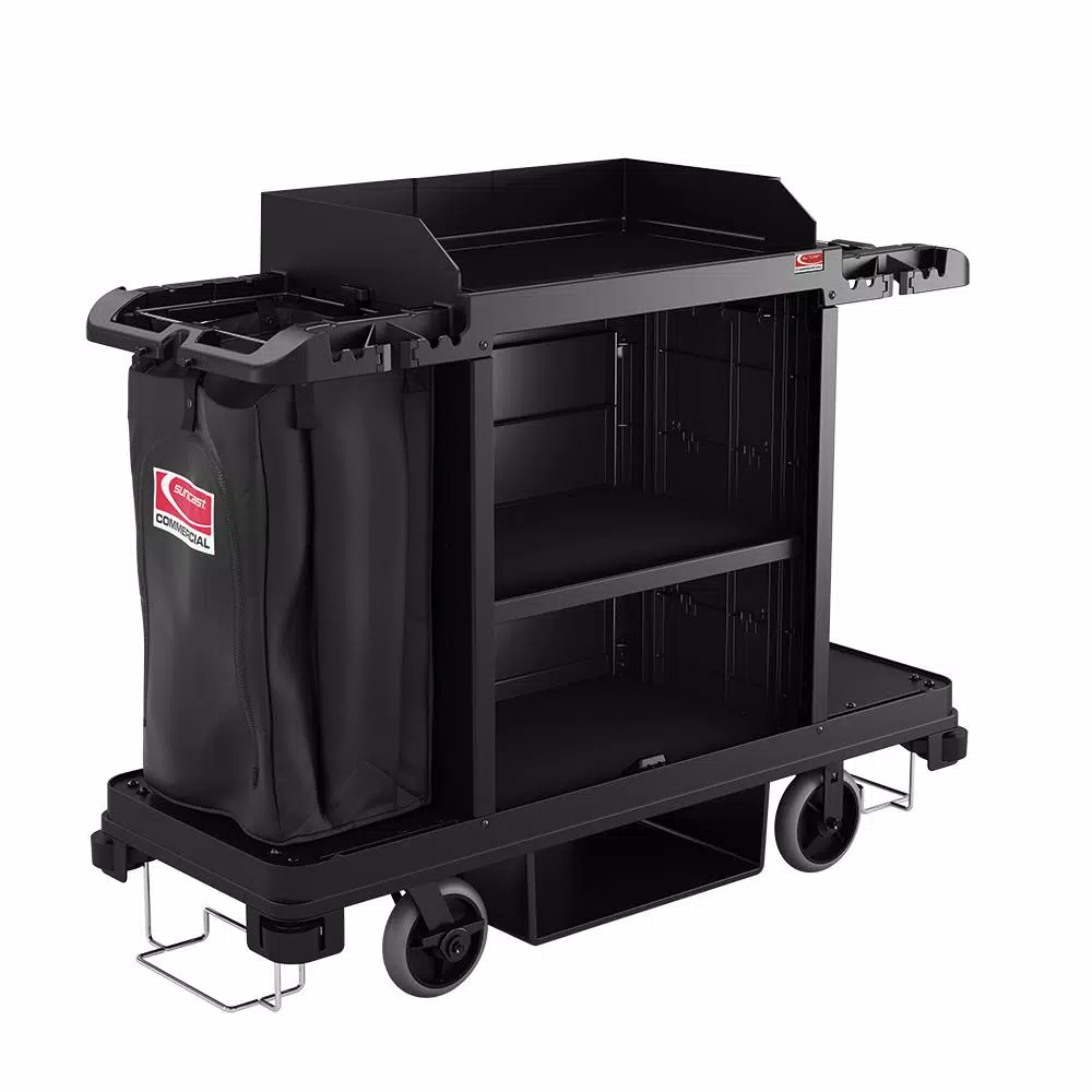 Suncast Commercial Standard Housekeeping Cart with Laundry Bag and Tool Storage, Black