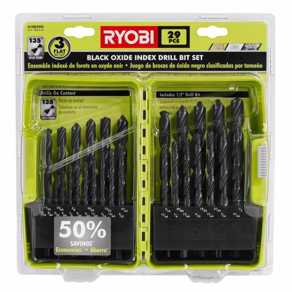 RYOBI 37-Piece Black Oxide Index Drill Bit Set with Bonus 8-Piece Impact Rated Driving Kit