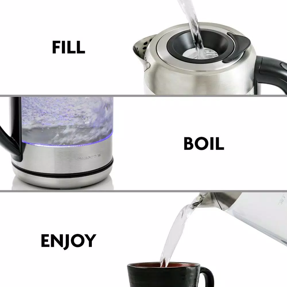 Ovente KG612S 1.7L Glass Electric Kettle, 1500W Silver Stainless Steel with Blue LED Light