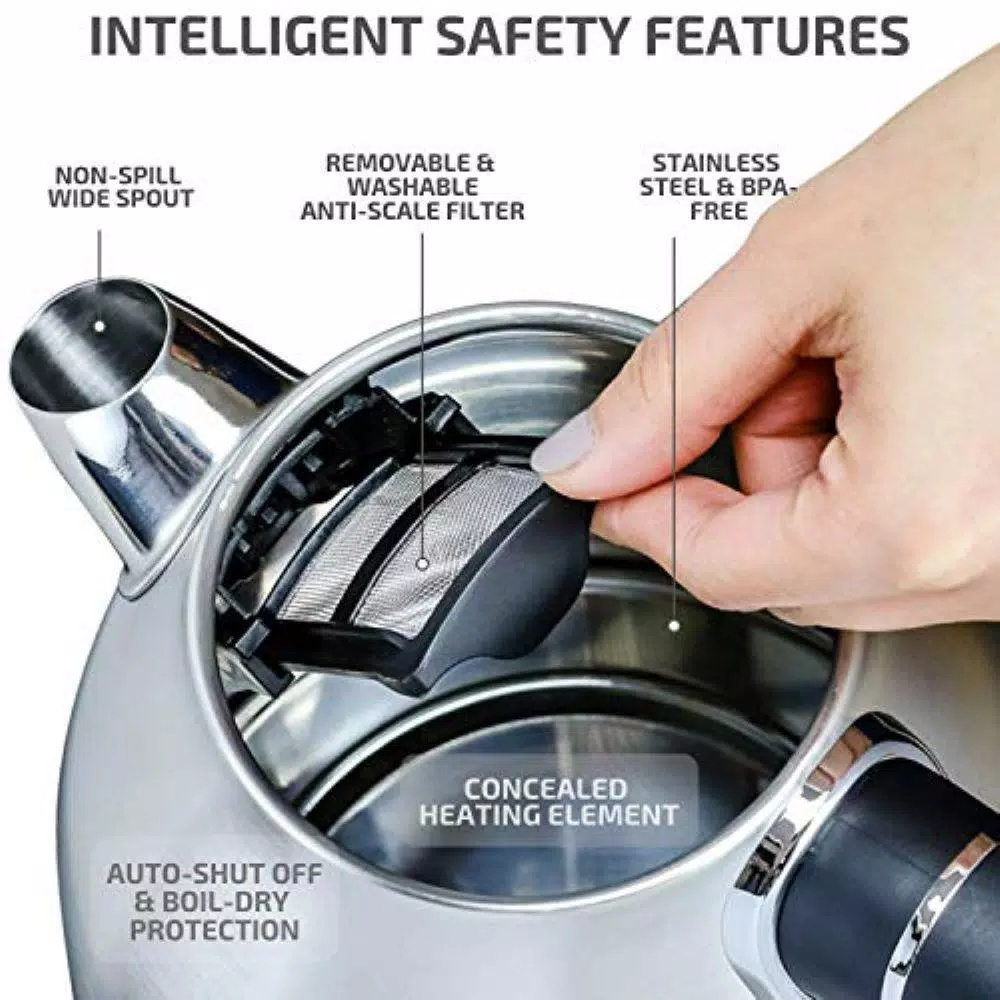 Ovente KS777 1.7L Stainless Steel Electric Kettle, 1500W Rapid Boil with Auto Shut-Off