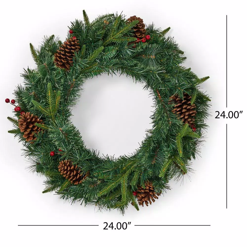 Noble House 24 in. Mixed Pine Artificial Christmas Wreath with Pine Cones, Berries, and Warm White LED Lights