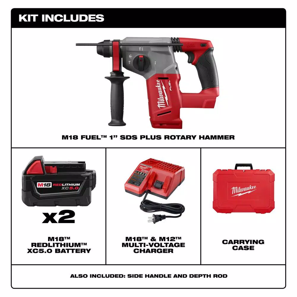 Milwaukee M18 FUEL 1 in. SDS-Plus Cordless Rotary Hammer Kit with Two 5.0 Ah Batteries and Charger