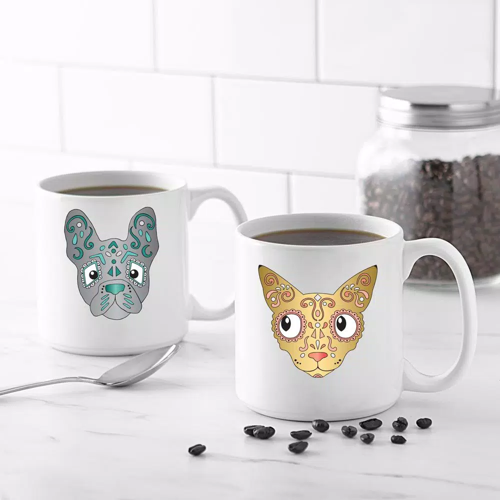 Cathy's Concepts Sugar Skull Pet Halloween Ceramic Coffee Mugs, Set of 2, 20 oz.