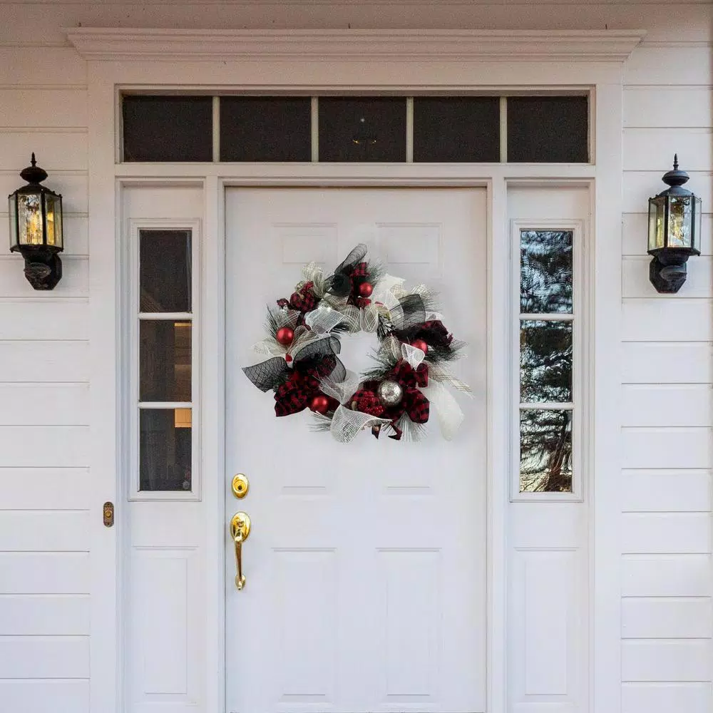 Fraser Hill Farm 20 in. Artificial Christmas Wreath with Buffalo Plaid Bows and Ornaments
