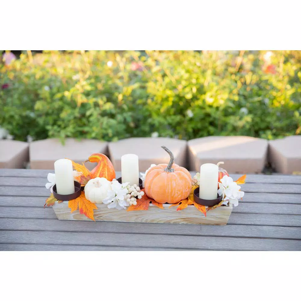 Flora Bunda 23 in. Fall Harvest Wood Ledge Pumpkin Arrangement Centerpiece Candle Holder with Berries and Leaves