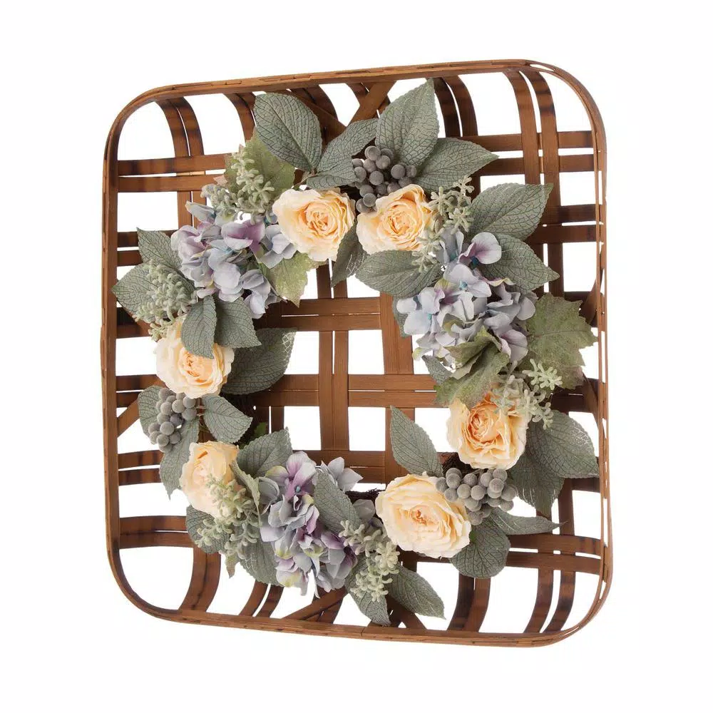 Glitzhome 22 in. Hydrangea Rose Wreath with 24 in. Bamboo Tobacco Basket Set