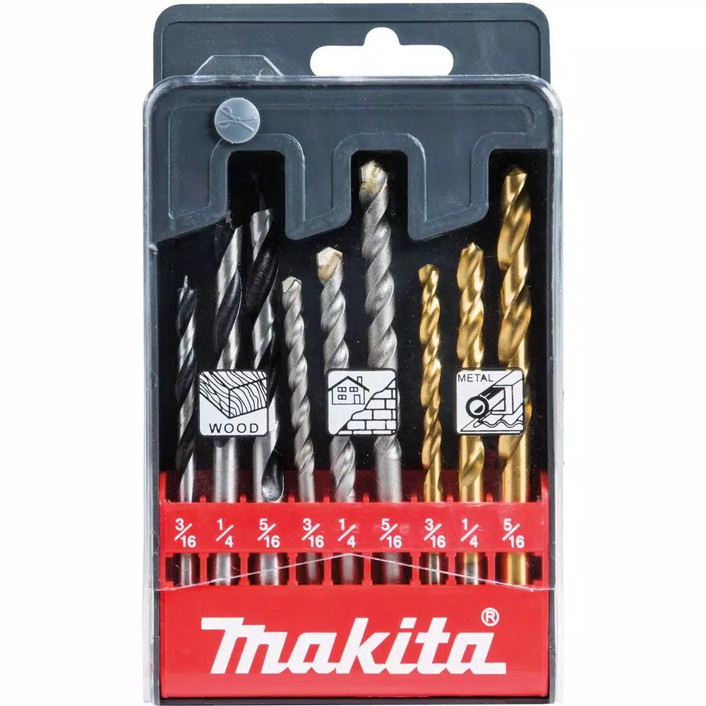 Makita 9-Piece Assorted Drill Bit Set for Metal, Wood, and Masonry - Straight Shank