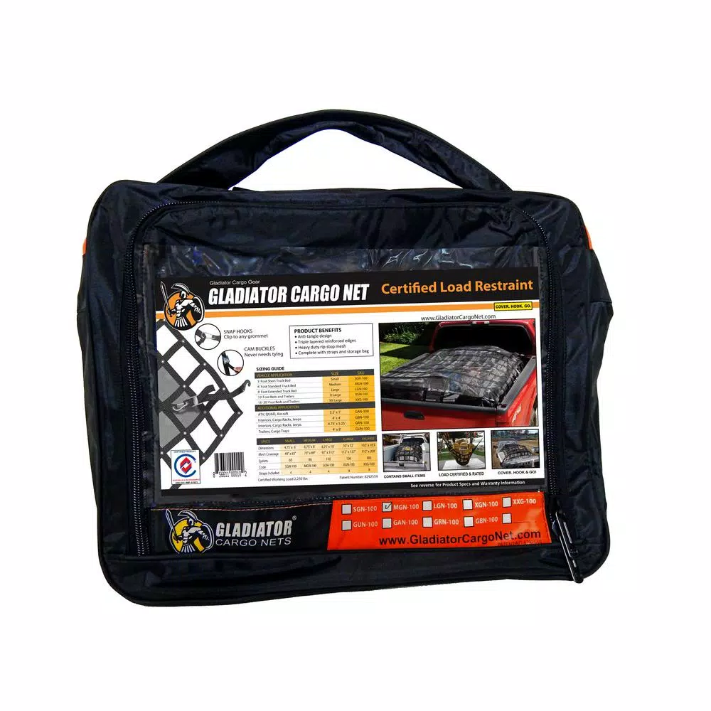GLADIATOR Cargo Nets Gladiator Heavy-Duty Trailer Cargo Net, 7.3 ft. x 9.3 ft., Integrated Mesh with Certified Attachment Straps