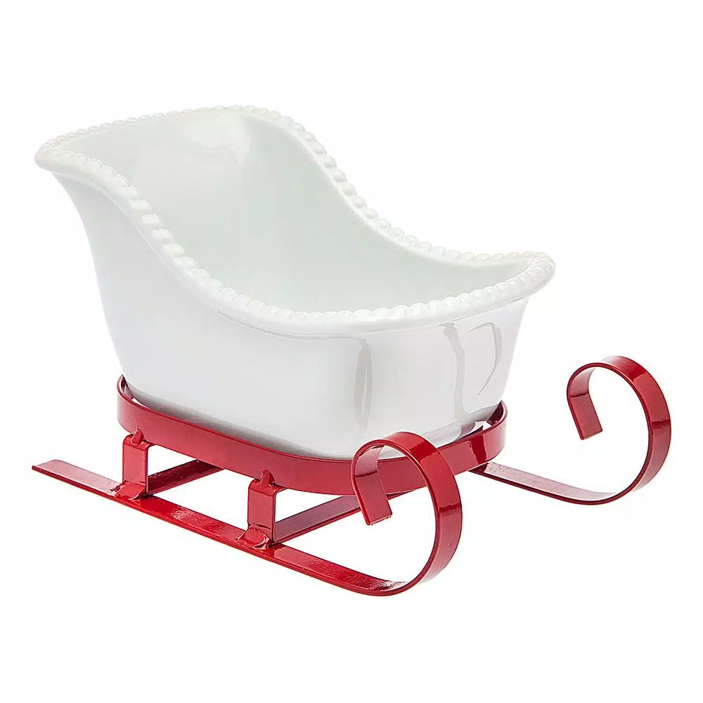 Godinger White Metal Santa Sleigh Candy Dish - Rustic Red Iron Holiday Garnish Tray