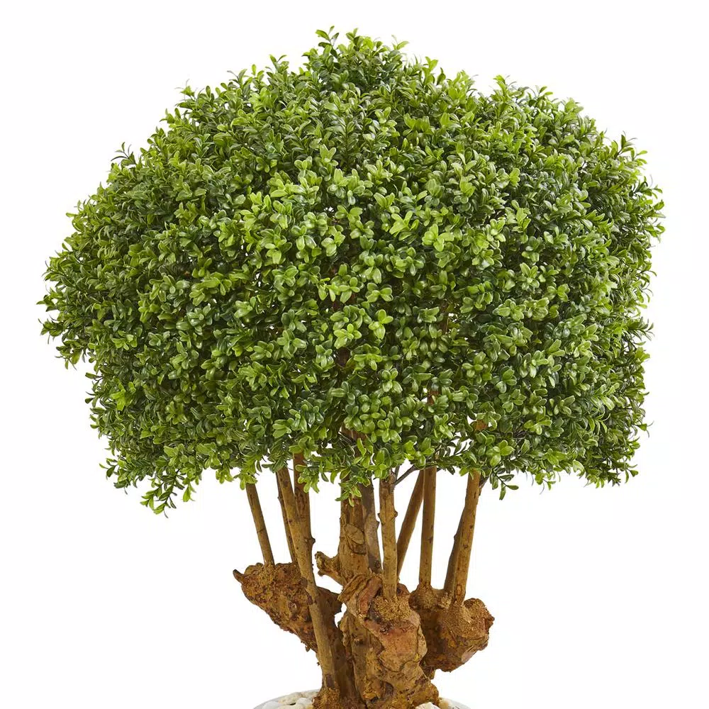 Nearly Natural 41 in. Artificial Boxwood Topiary Tree in Sandstone Planter with Natural Stones
