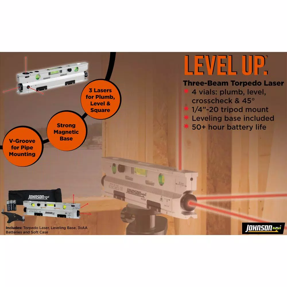 Johnson 3-Beam Magnetic Torpedo Laser Level with Anodized Aluminum Frame