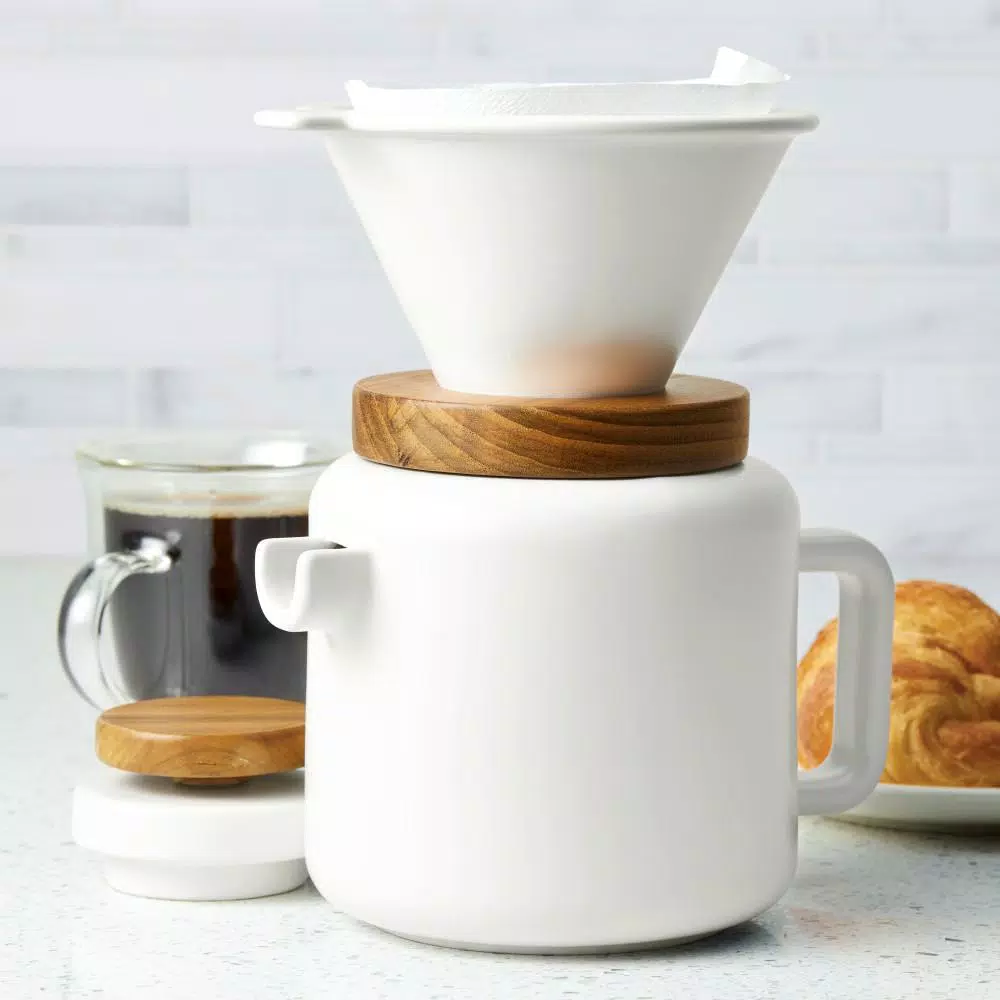 BonJour Ceramic 4-Cup Matte White Pour Over Coffee Set with Teak Wood Accent