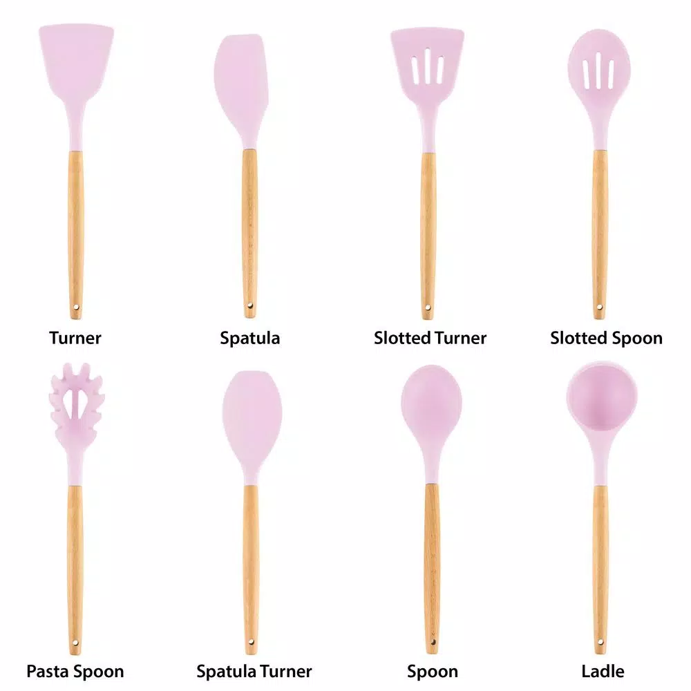 MegaChef 9-Piece Pink Silicone and Wood Kitchen Utensil Set with Ceramic Holder