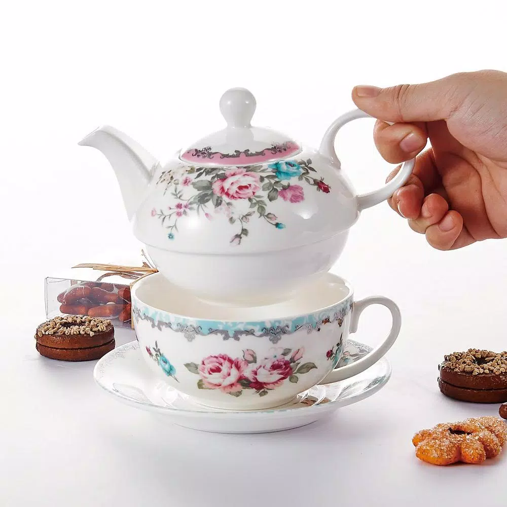 MALACASA Elegant Porcelain Tea for One Set - 3 Piece Teapot, Teacup and Saucer Set, White with Pattern