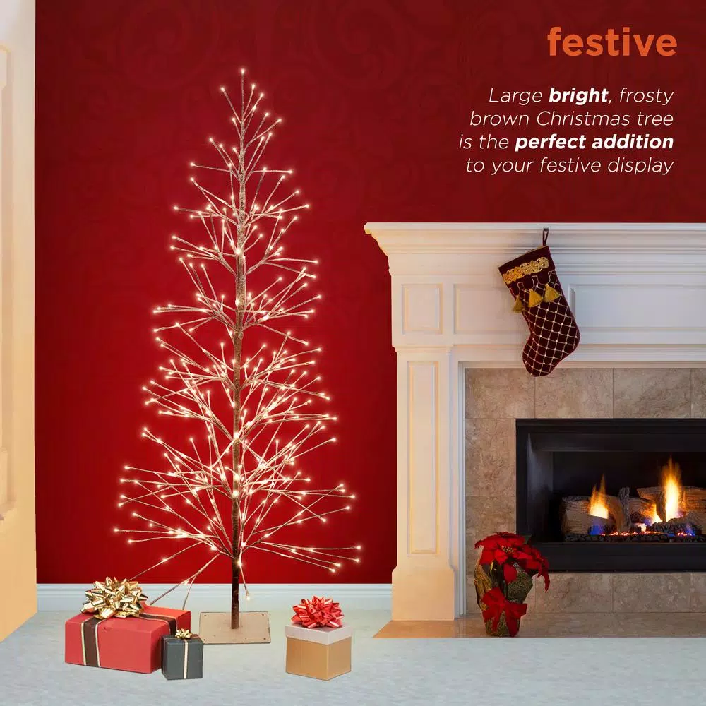 Alpine Corporation 6ft Frosty Flocked Brown Artificial Christmas Tree with Warm White LED Lights