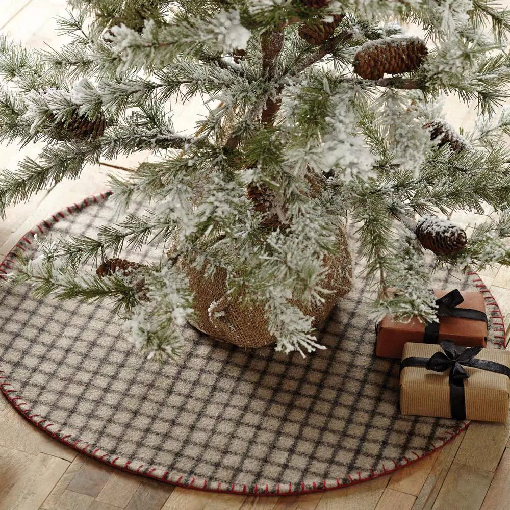 VHC Brands Weston 21 in. Slate Grey Windowpane Plaid Christmas Tree Skirt with Cherry Red Trim