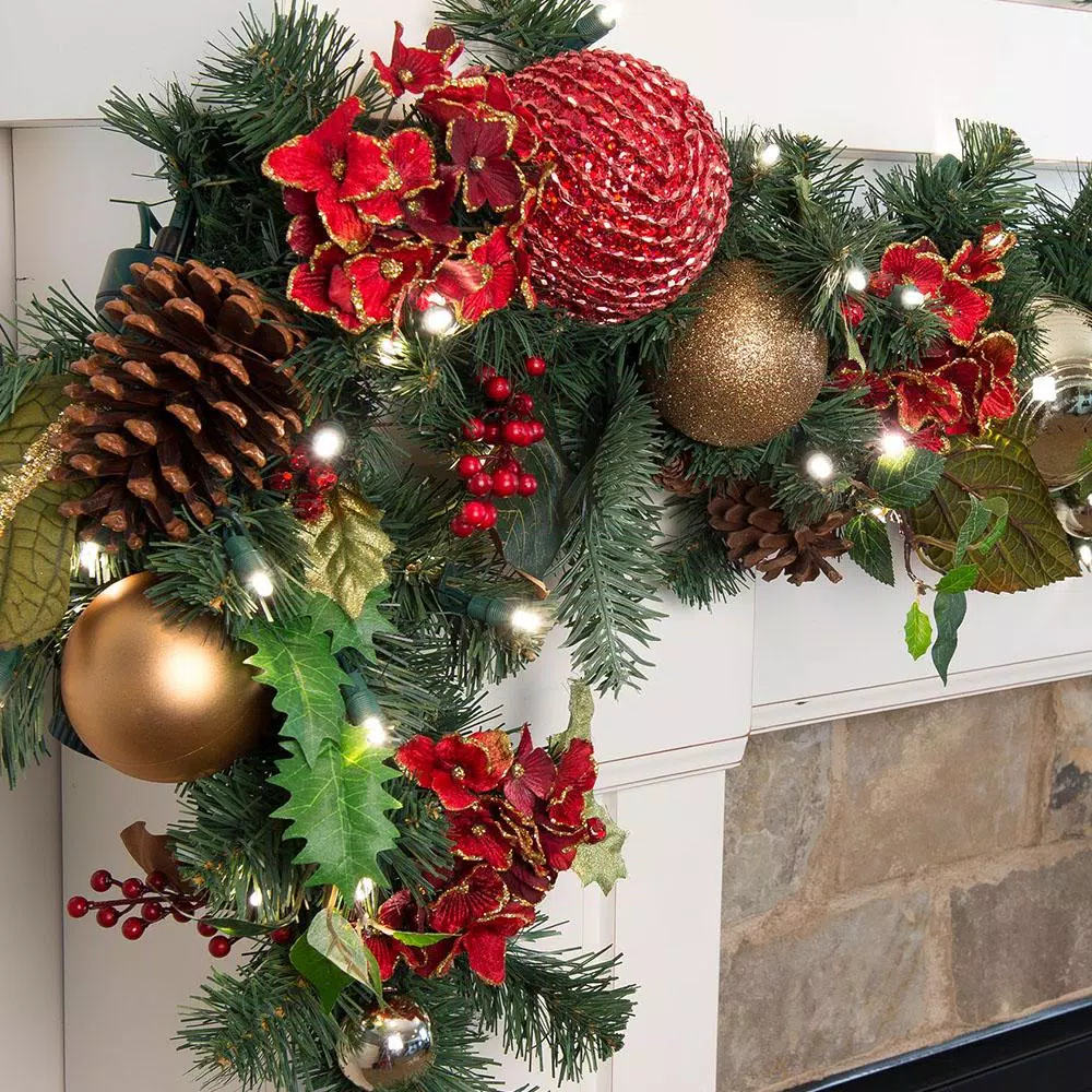 Village Lighting Company 9 ft. Pre-Lit LED Scarlet Hydrangea Artificial Garland with Warm White Lights