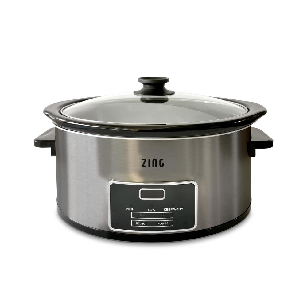 Zing 6 Qt. Oval Dark Stainless Steel Programmable Slow Cooker with Glass Lid