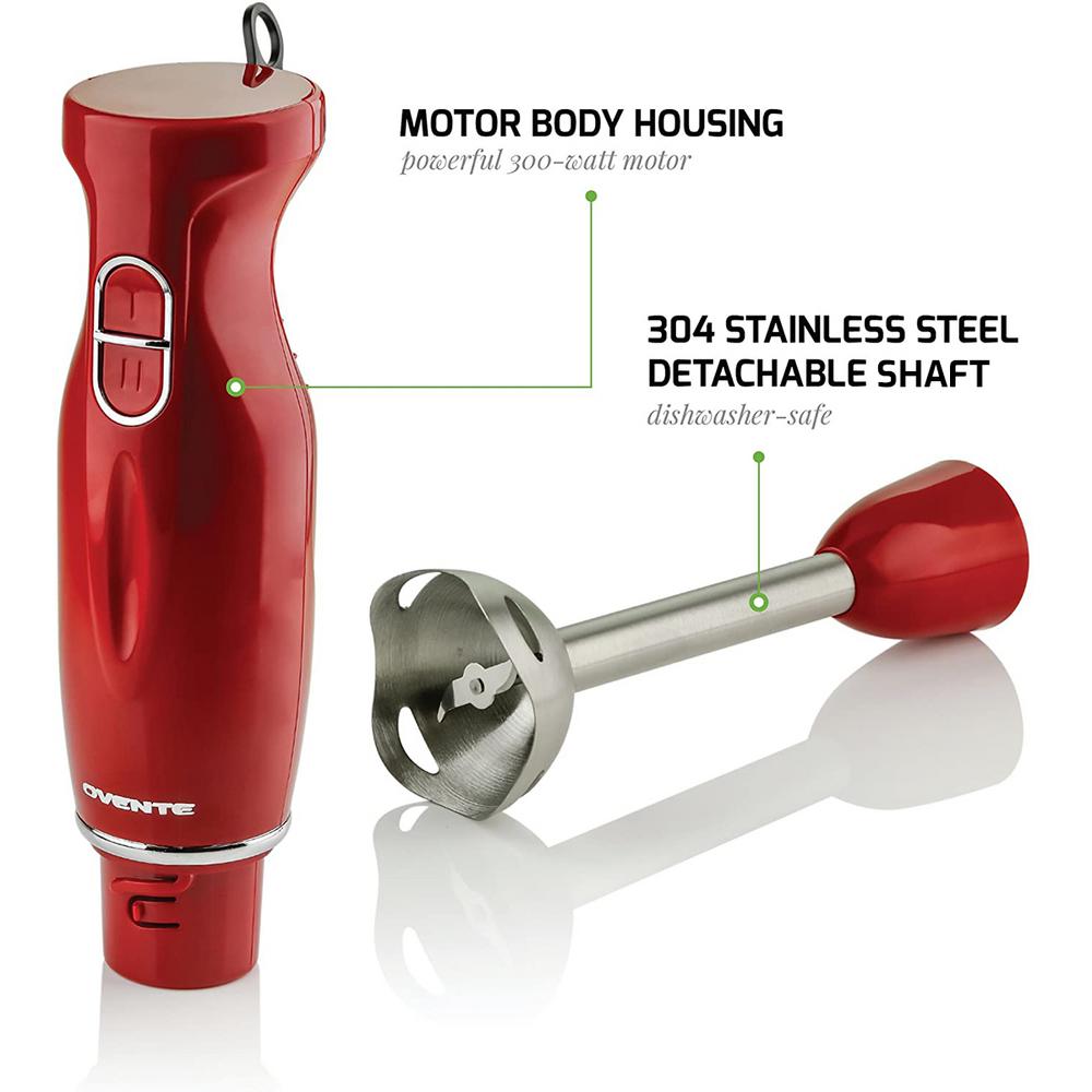 Ovente 300W Immersion Blender, 2-Speed Handheld Stick Mixer with Stainless Steel Blades, Red (HS560R)