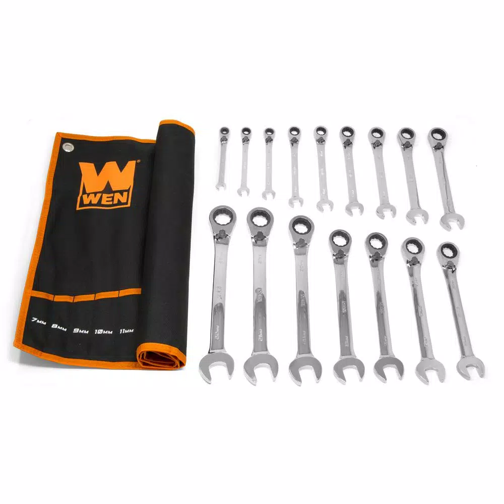 WEN 16-Piece Metric Reversible Ratcheting Combination Wrench Set with Storage Pouch