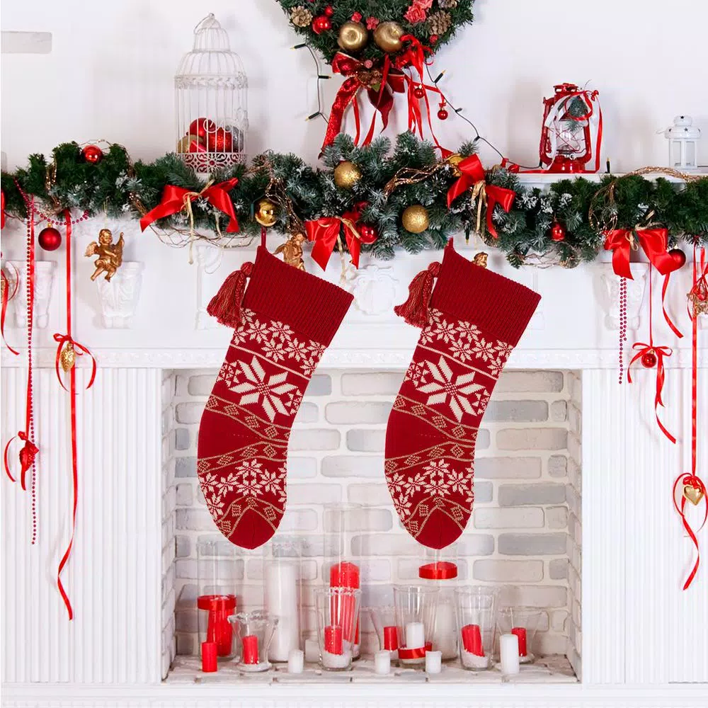 Glitzhome 24 in. Red Knitted Acrylic Snowflake Christmas Stocking (2-Pack)