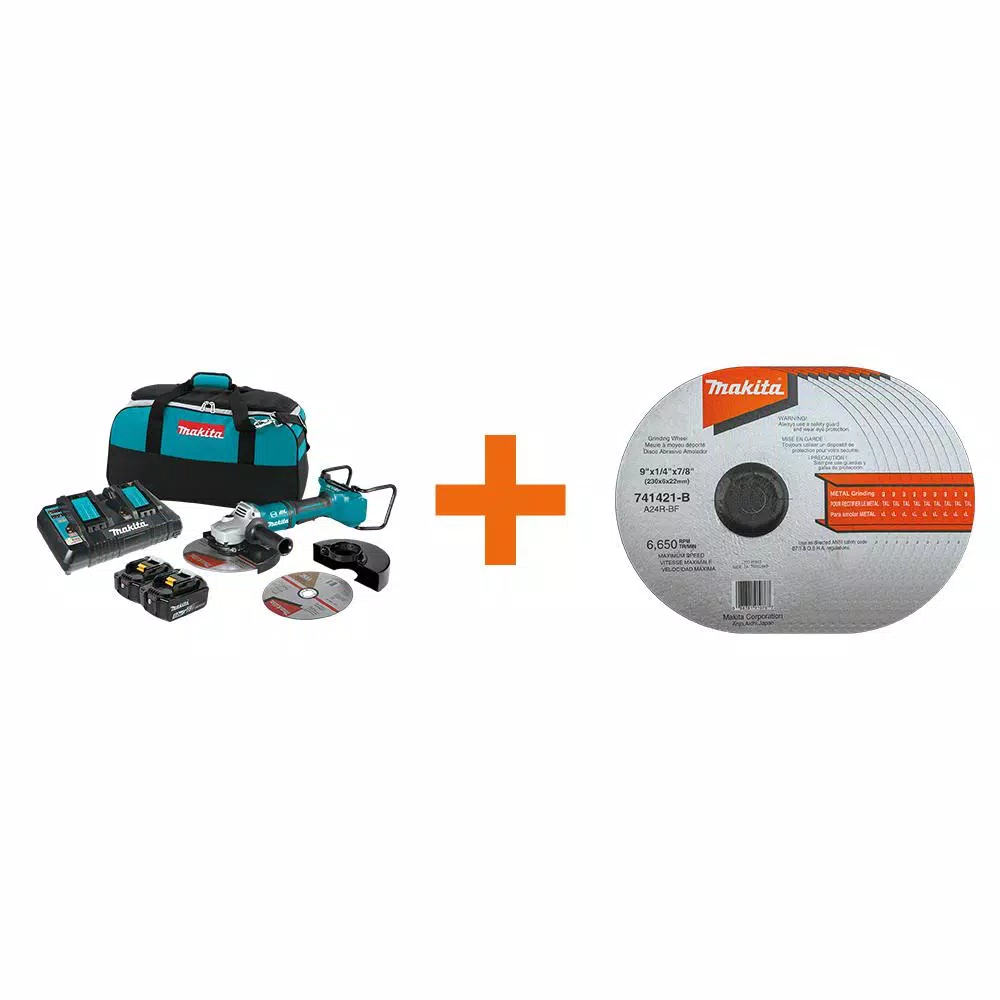 Makita 18V X2 LXT (36V) 9 in. Brushless Paddle Switch Angle Grinder Kit with 5.0 Ah Batteries & Grinding Wheels